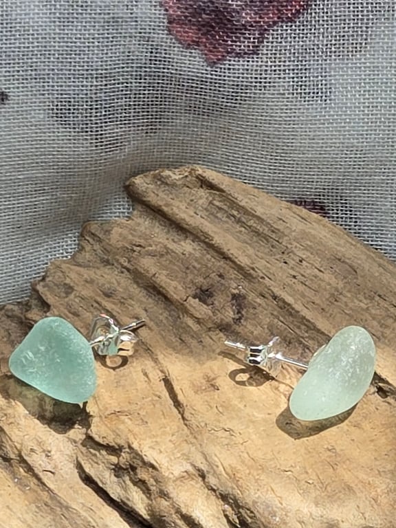Sea glass turquoise earrings, light turquoise stud earrings, 