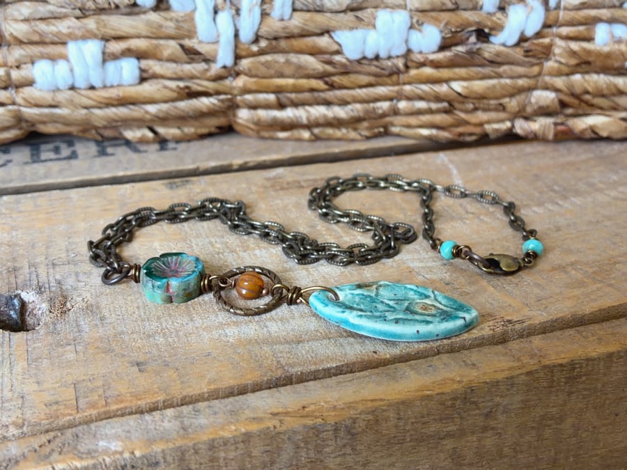 Handmade Turquoise Ceramic Necklace with Czech Glass & Antique Brass Chain
