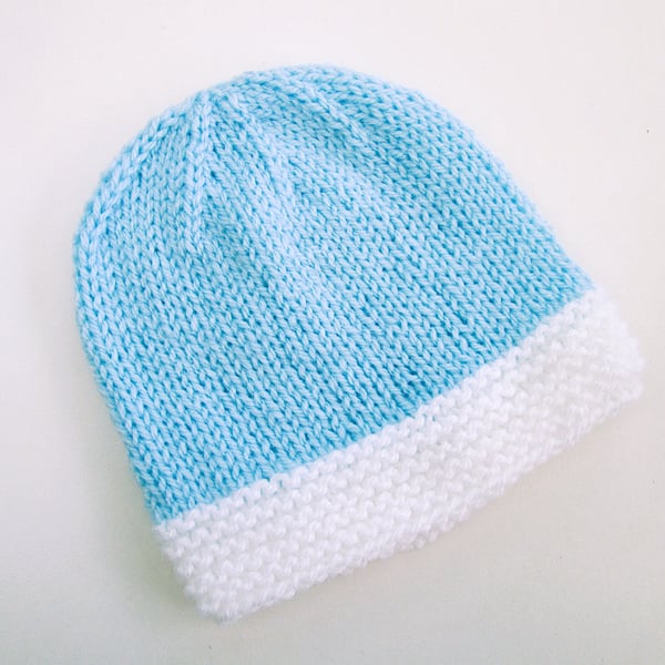 Hand knitted baby hat in blue and white, 100% acrylic, new baby gift