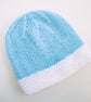 Hand knitted baby hat in blue and white, 100% acrylic, new baby gift