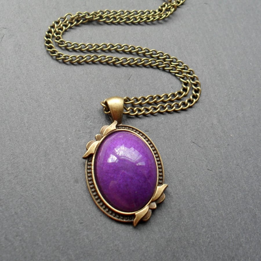 Handmade Purple Resin Cabochon Bronze Tone Pendant