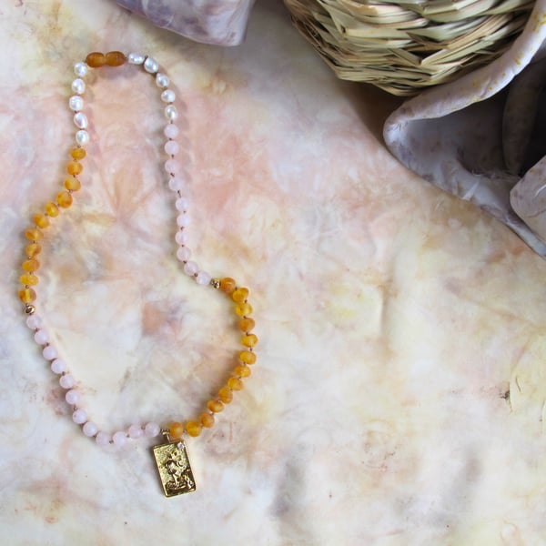 "The Fool" Tarot Cards Necklace with Baltic Amber and Rose Quartz