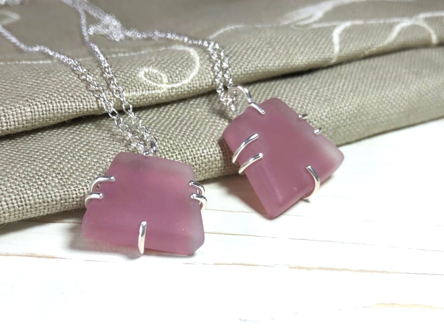 Silver & Glass Pendants in a Plummy Raspberry Colour 