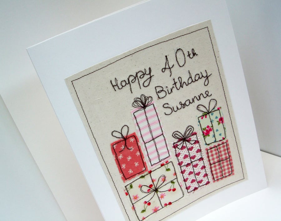 Large Personalised Birthday Card - Machine Embroidered Birthday Presents