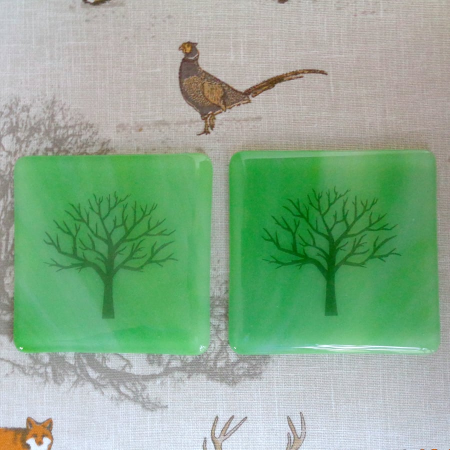 Fused glass coasters, a pair in fresh green with winter tree design