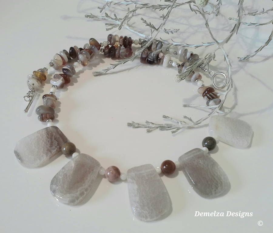 Gray Agate & Botswana Agate Silver Plated Necklace