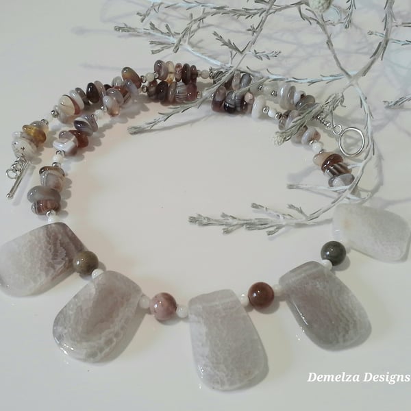 Gray Agate & Botswana Agate Silver Plated Necklace