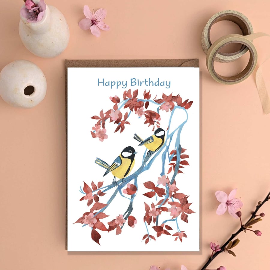 Happy Birthday card garden bird card great tit illustration