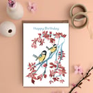 Happy Birthday card garden bird card great tit illustration