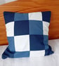 Patchwork cushion cover. Navy blue, mid blue and white cushion cover - Image 2