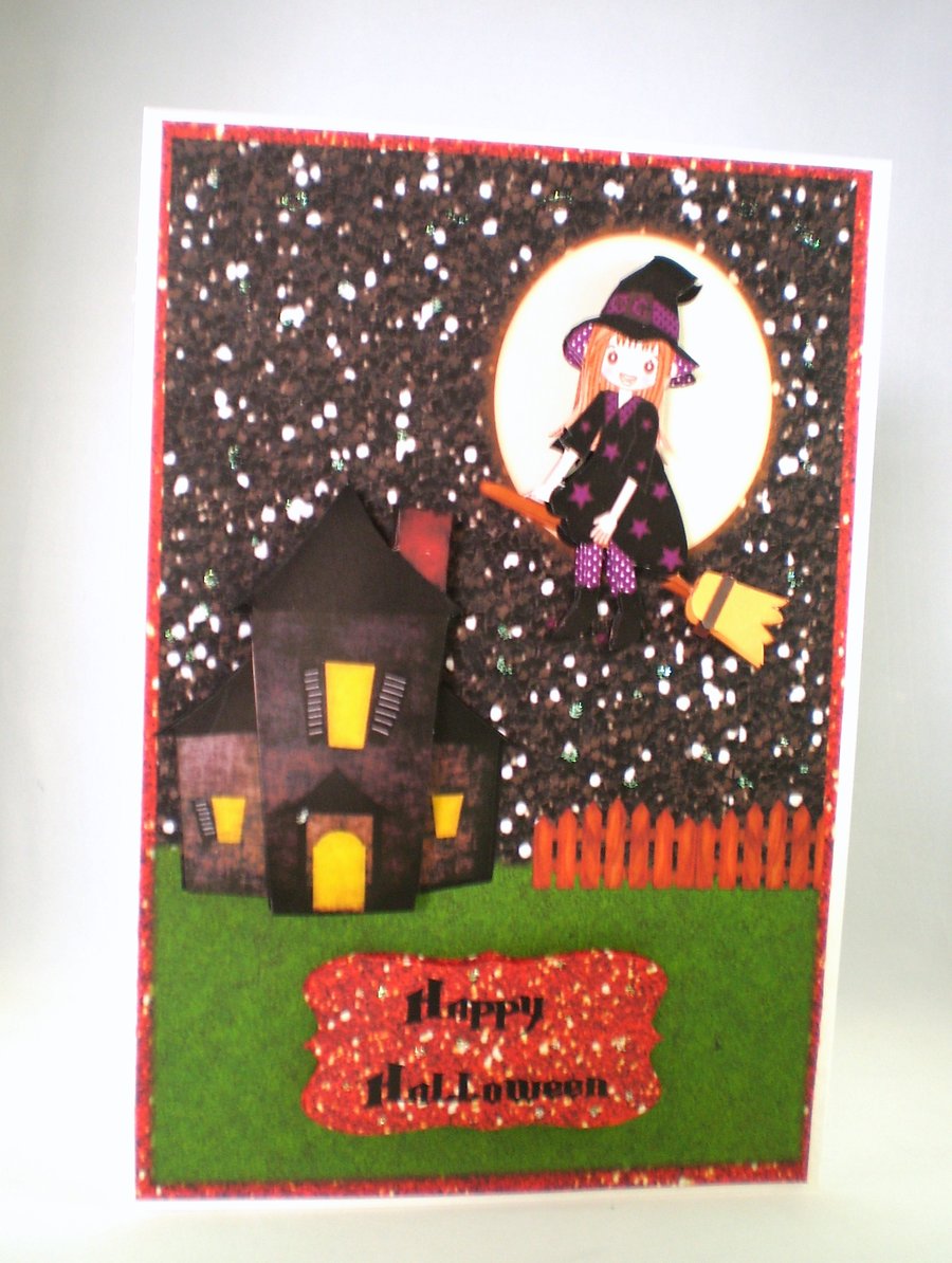 Handmade 3D Halloween Greeting Card,Pretty Witch,broomstick