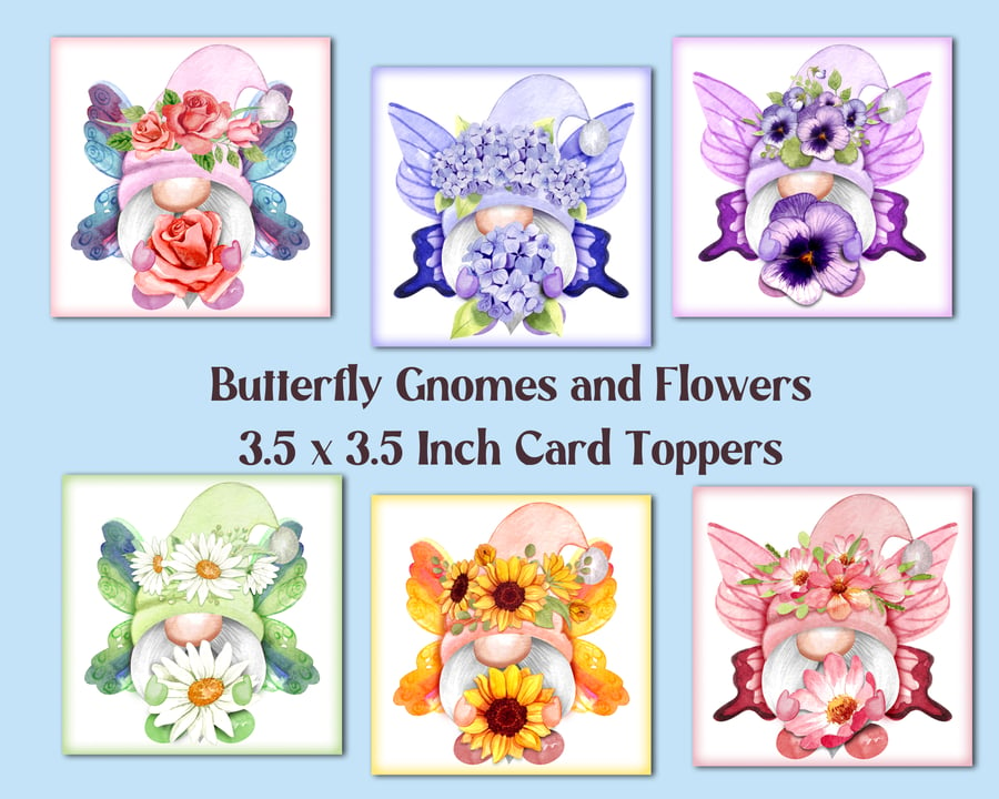 Butterfly Gnomes Set of 6 Square Card Toppers for Card Making, Journals, Tags