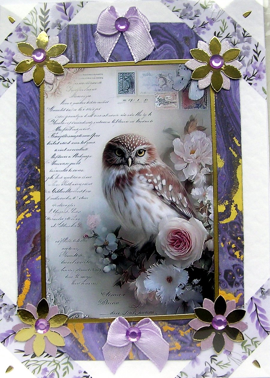 Owl Wildlife Bird - Hand Crafted Decoupage Greeting Card - Blank - 3103