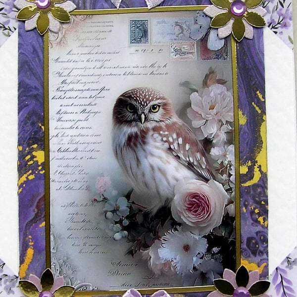 Owl Wildlife Bird - Hand Crafted Decoupage Greeting Card - Blank - 3103