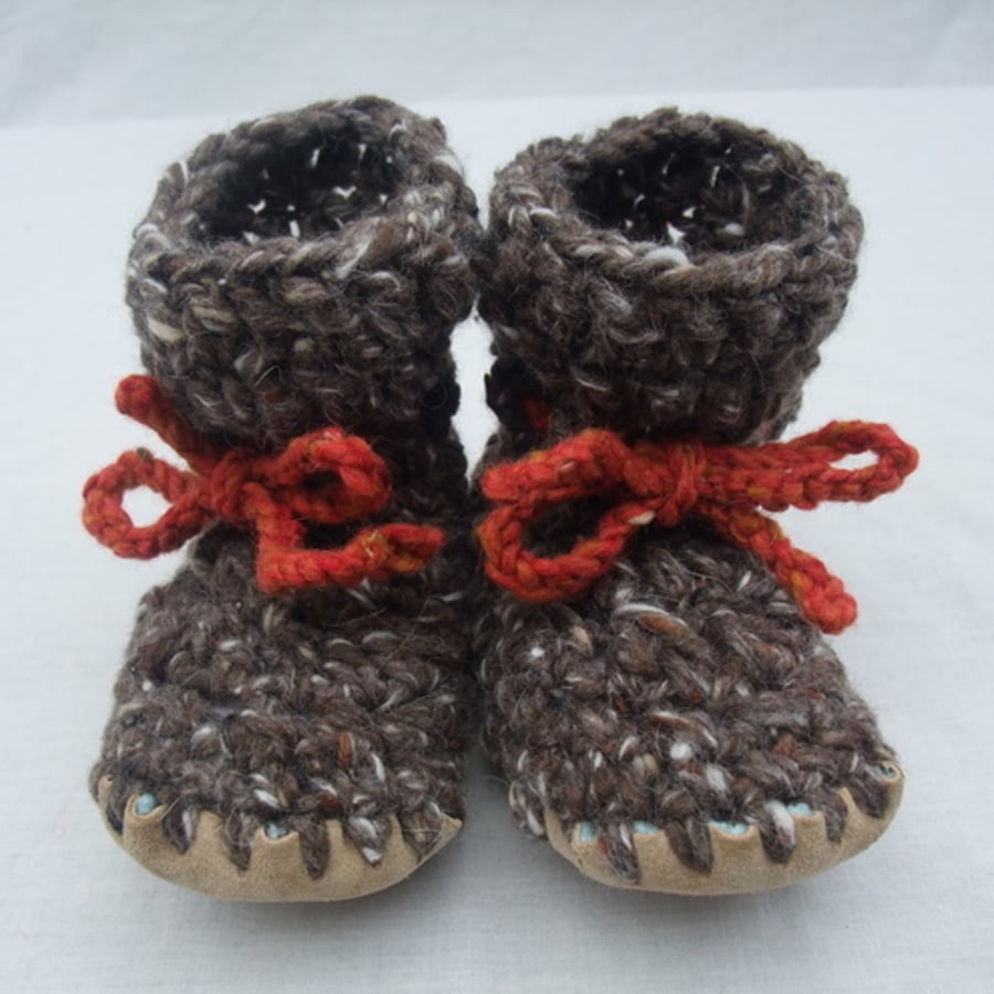 Wool, angora & leather baby boots, brown 6-12 months