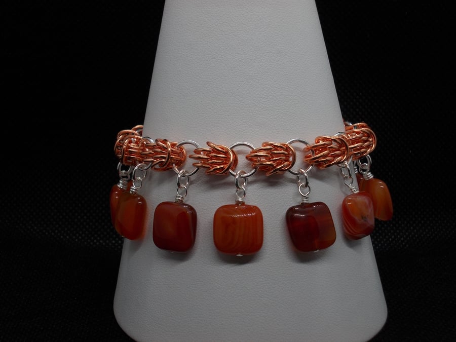 SALE - Two tone chainmaille bracelet with red agate squares