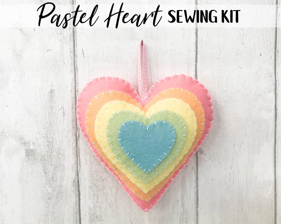 Pastel Rainbow Heart Felt Sewing Kit - Includes everything you need