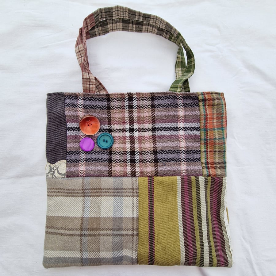 Handmade plaid check pattern patchwork shoulder tote bag