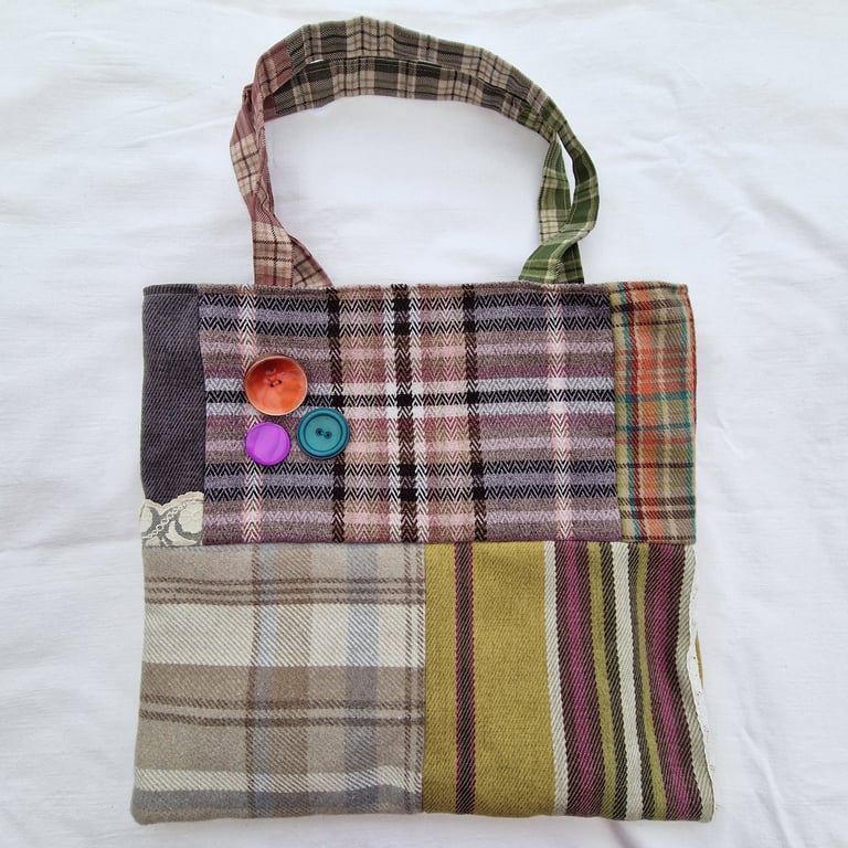 Handmade plaid check pattern patchwork shoulder tote bag
