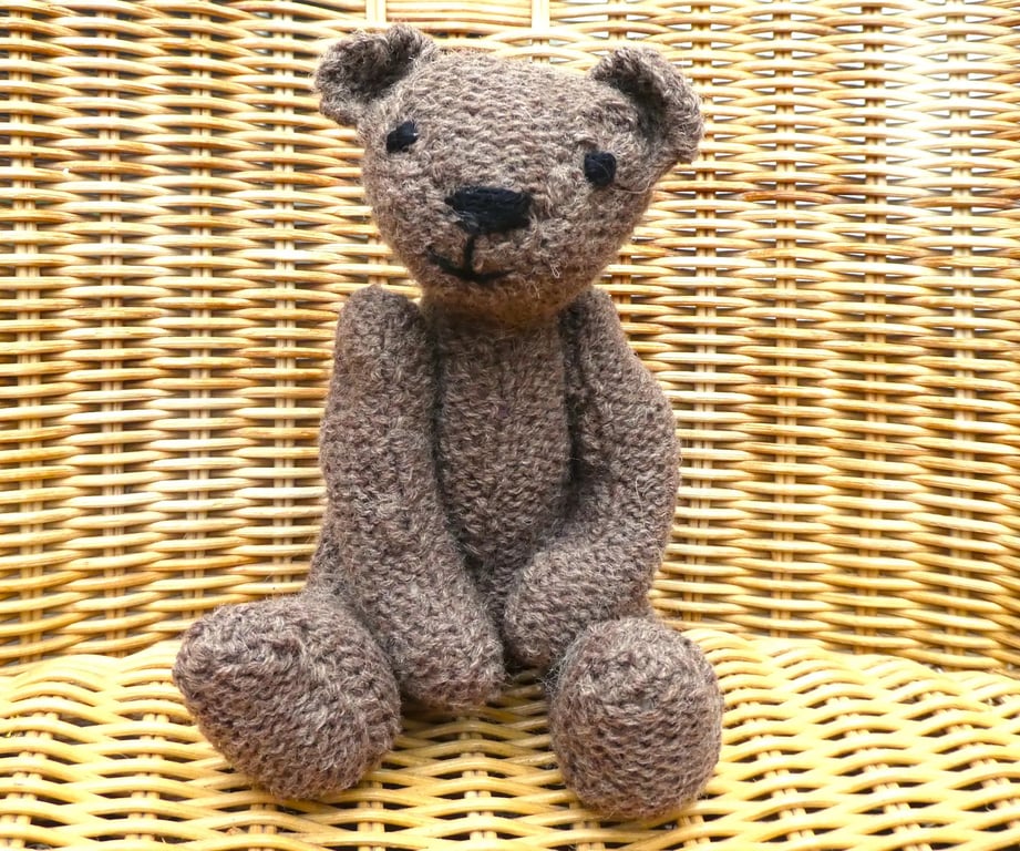 Handmade 8" Brown Teddy Bear knitted in 100% Wool