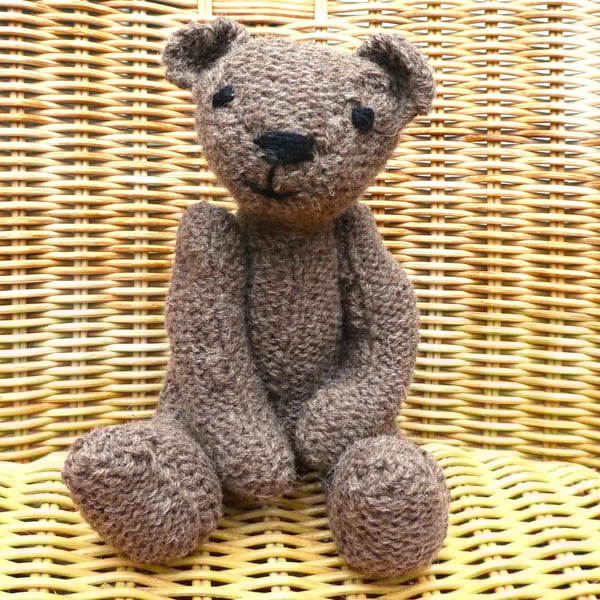 Handmade 8" Brown Teddy Bear knitted in 100% Wool