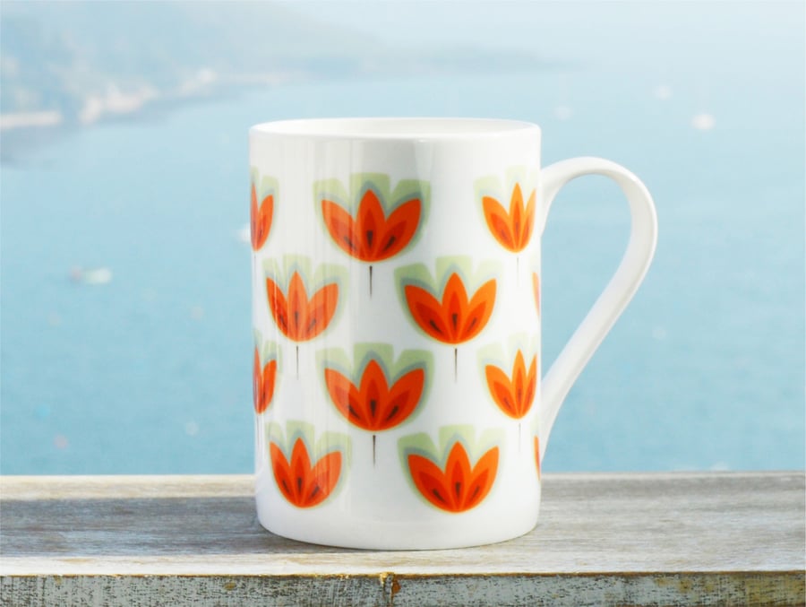 ORANGE TULIP China Mug - Orange Retro stylised Flowers - Tea cup - Coffee mug