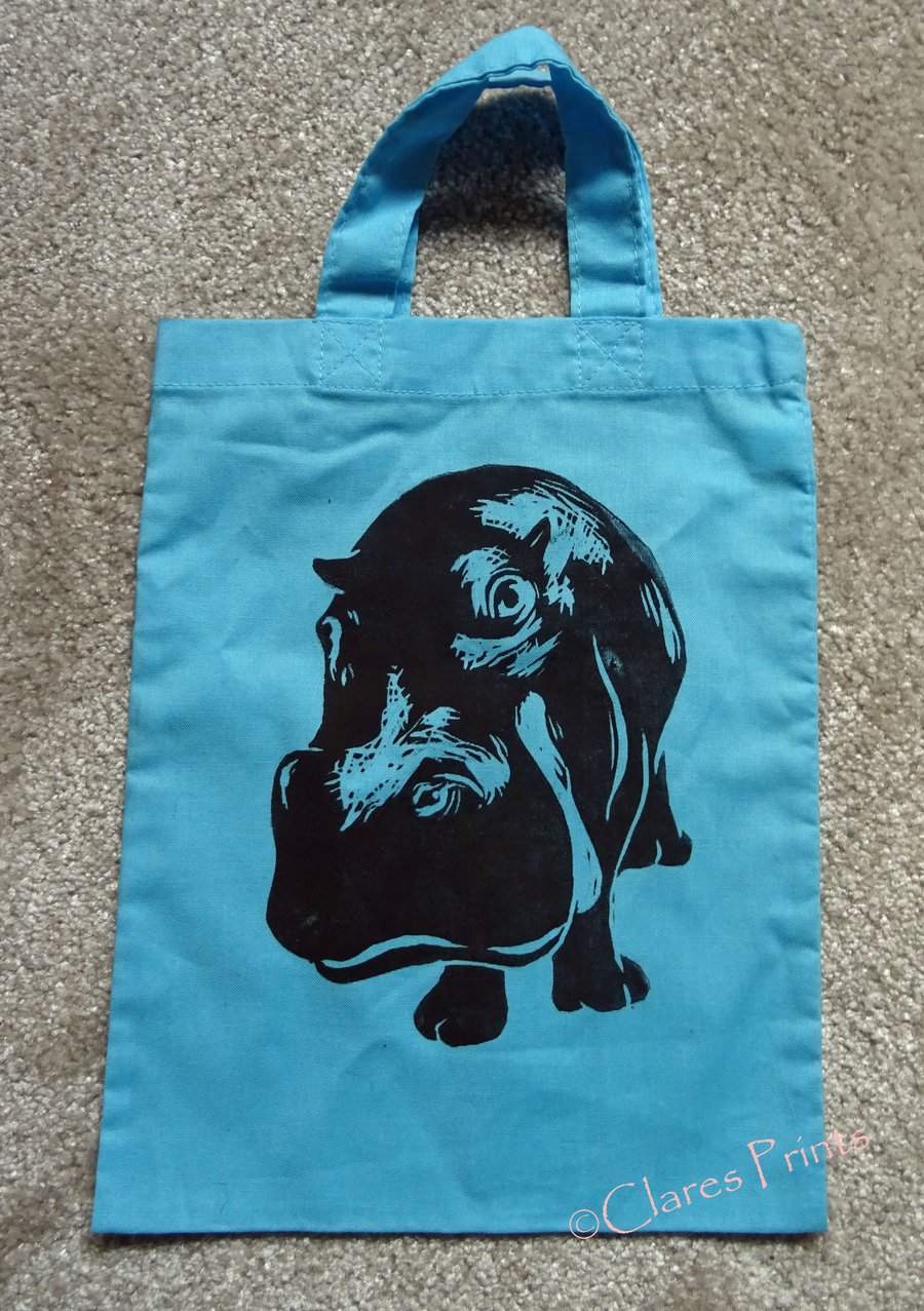 Hippo Bag Blue Lino-Printed Hand Printed Mini Tote Shopping Bag Children