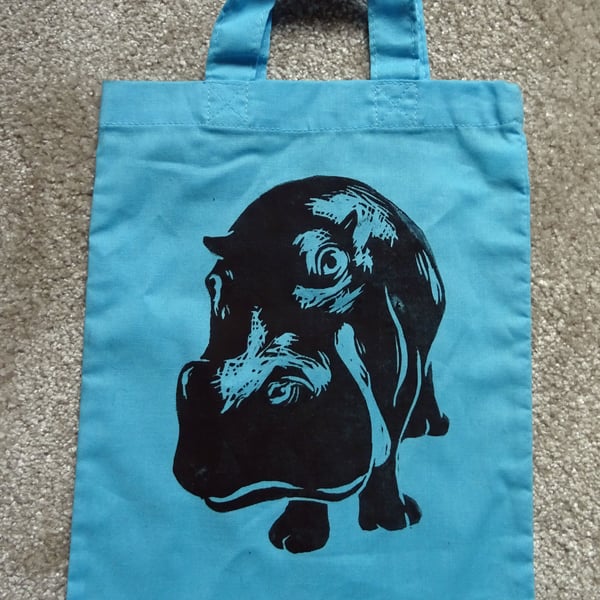 Hippo Bag Blue Lino-Printed Hand Printed Mini Tote Shopping Bag Children