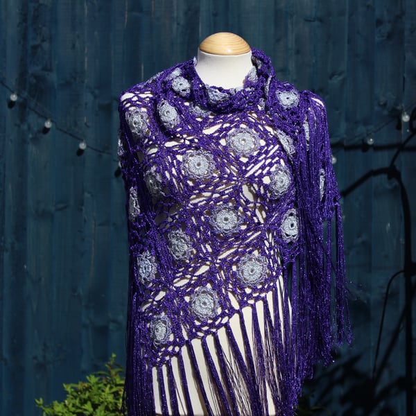 Crochet triangular shawl in sparkly silver, lilac mix & purple - design LF433