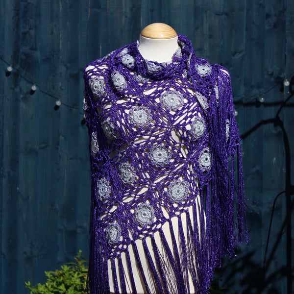 Crochet triangular shawl in sparkly silver, lilac mix & purple - design LF433