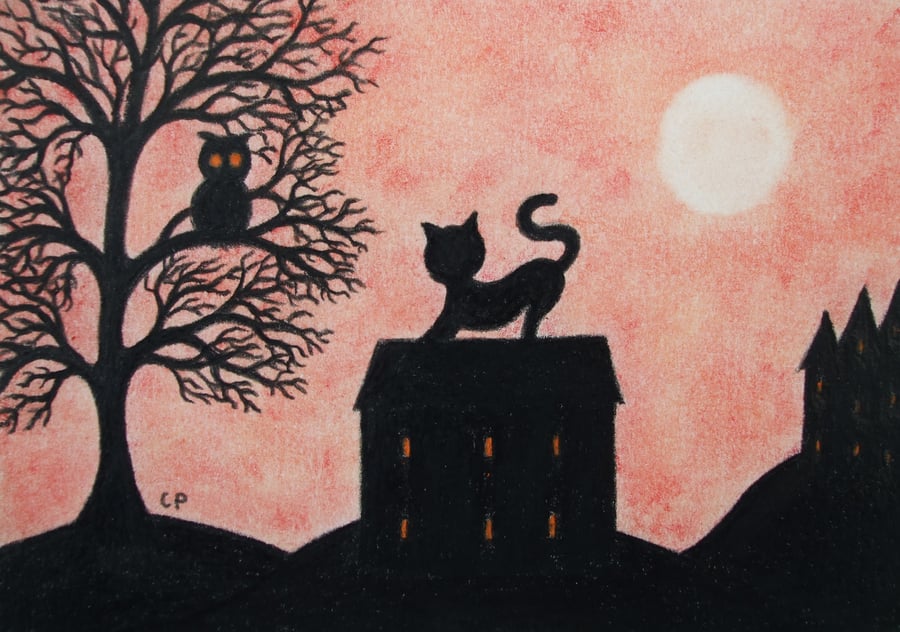 Cat Owl Card, Kids Art Card, Black Cat House Card, Tree Silhouette, Blank Card 