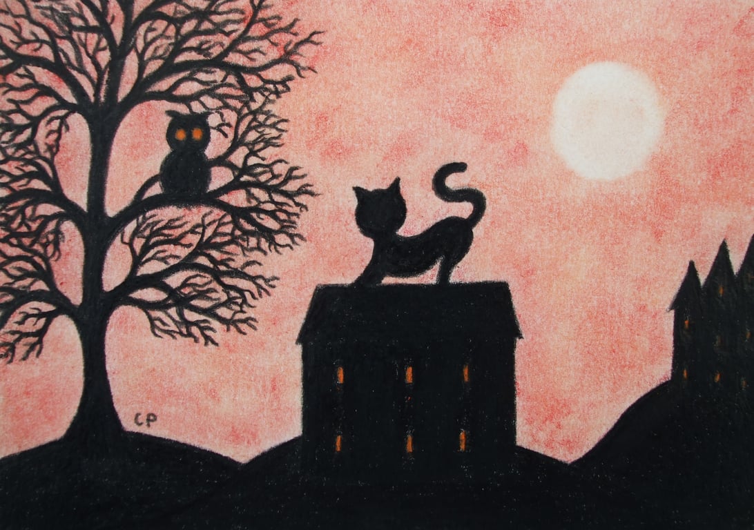 Cat Owl Card, Kids Art Card, Black Cat House Card, Tree Silhouette, Blank Card 