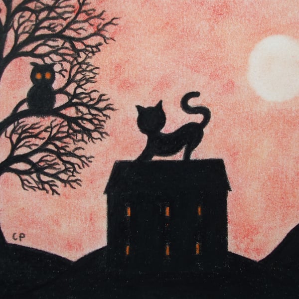 Cat Owl Card, Kids Art Card, Black Cat House Card, Tree Silhouette, Blank Card 
