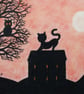 Cat Owl Card, Kids Art Card, Black Cat House Card, Tree Silhouette, Blank Card  - Image 1