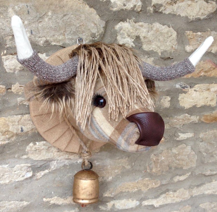 Faux taxidermy beige & brown tweed check Highland Cow Coo animal head wall mount