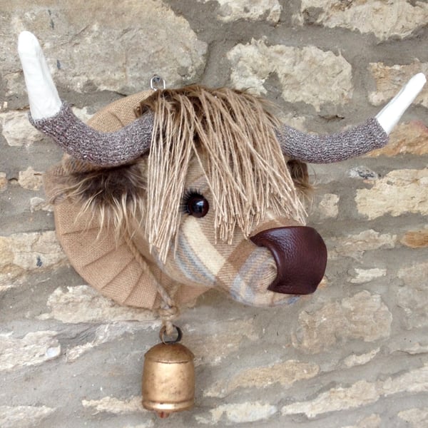 Faux taxidermy beige & brown tweed check Highland Cow Coo animal head wall mount