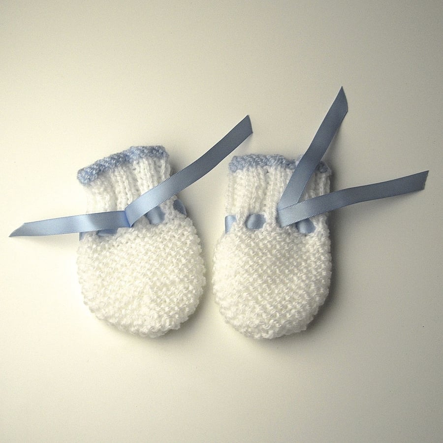 Hand Knitted Blue and White Baby Mittens - UK Free Post