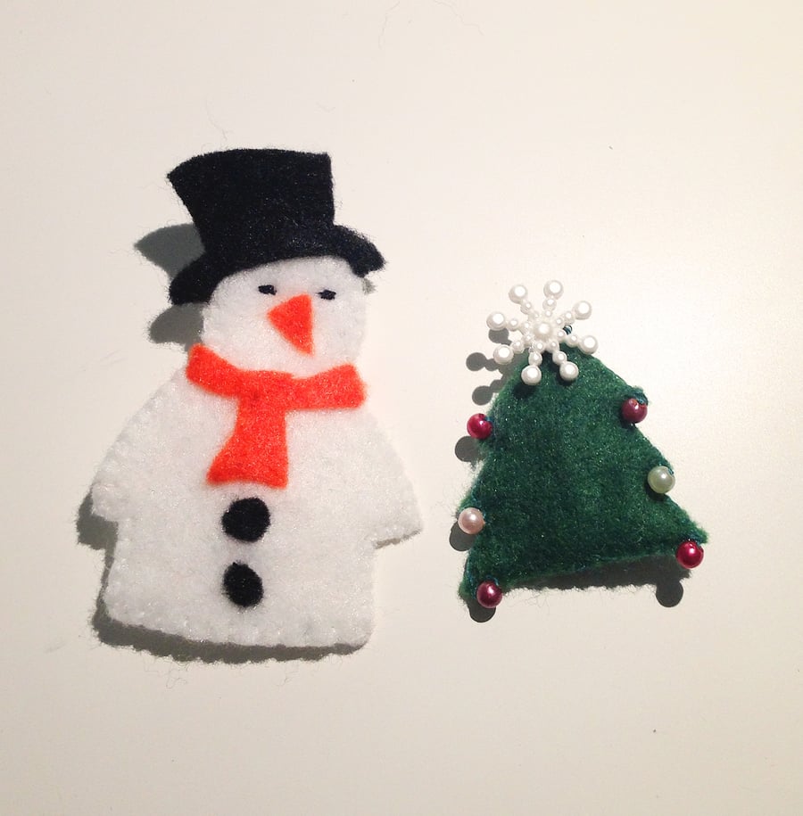 Cute Felt Snowman and Festive Tree Brooches - UK Free Post