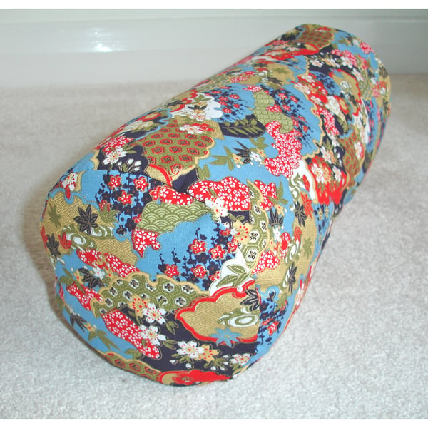 Japanese Floral Bolster Cover 16" Oriental Round Cylinder Cushion Neck Roll Gold