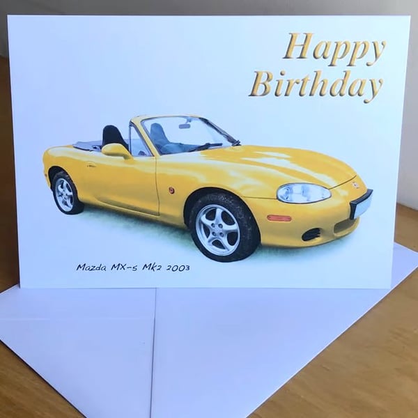Mazda MX5 Mk2 2003 (Yellow) - Birthday, Anniversary, Retirement or Plain Card