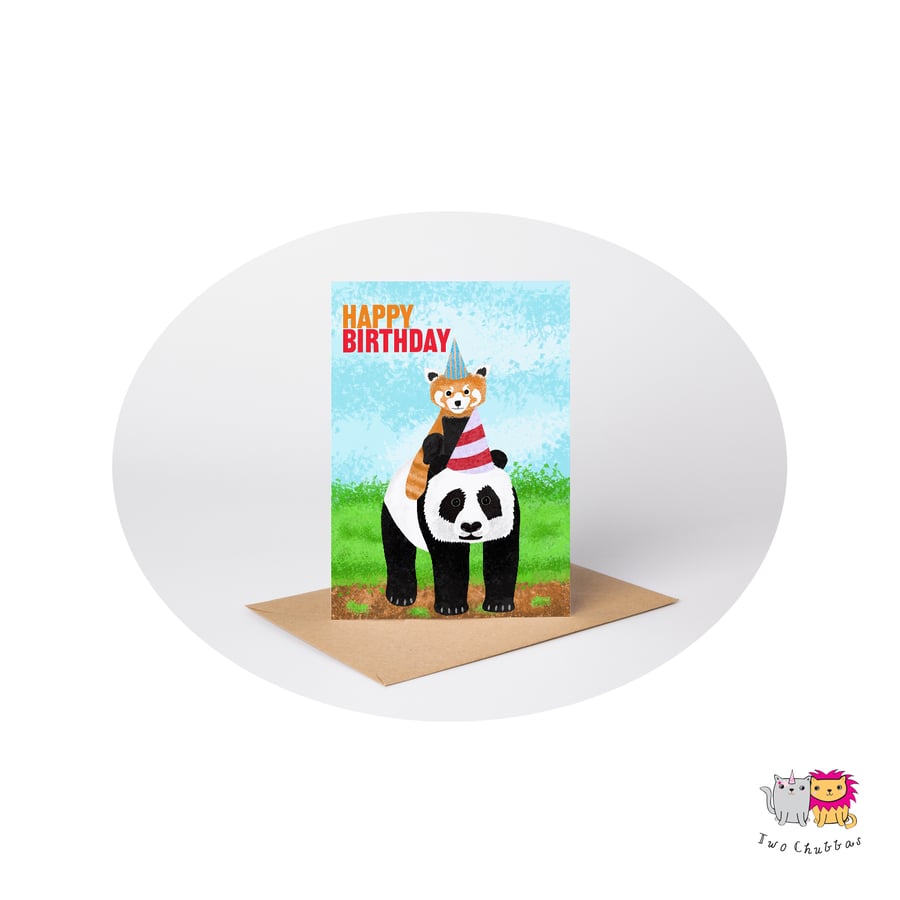 Panda & Red Panda Birthday Card, A6 Birthday Card, Cute Animal Birthday Card