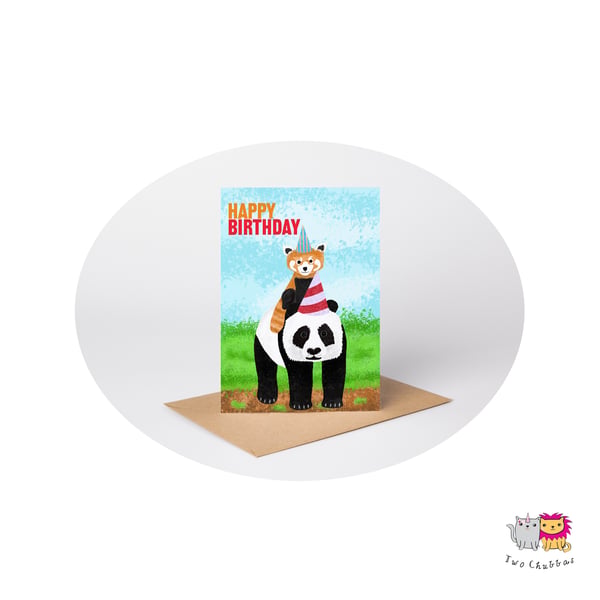 Panda & Red Panda Birthday Card, A6 Birthday Card, Cute Animal Birthday Card