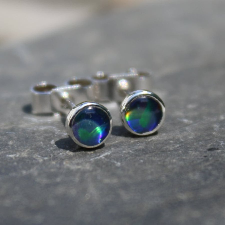 Opal stud earrings sterling silver, small gemstone studs