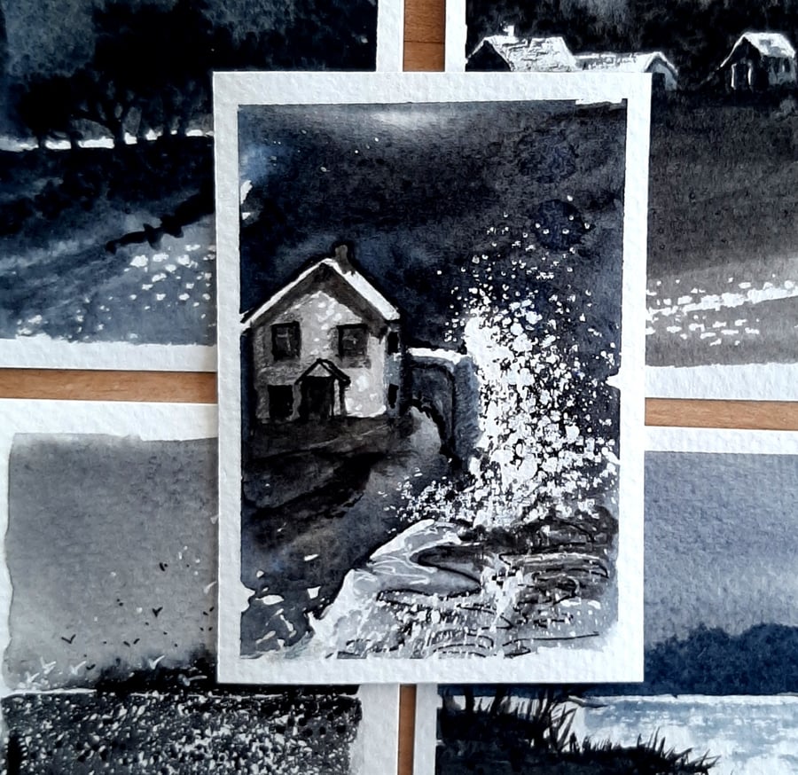 Miniature Watercolour Painting ACEO  Of A Harbour Cottage. Small Painting