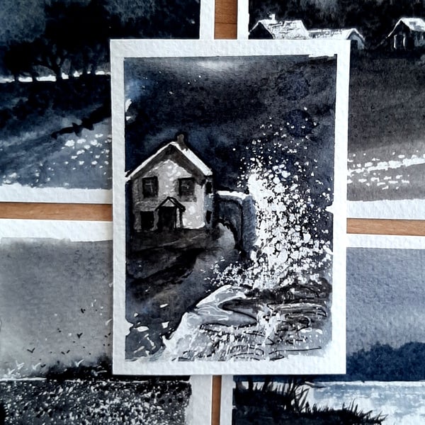 Miniature Watercolour Painting ACEO  Of A Harbour Cottage. Small Painting