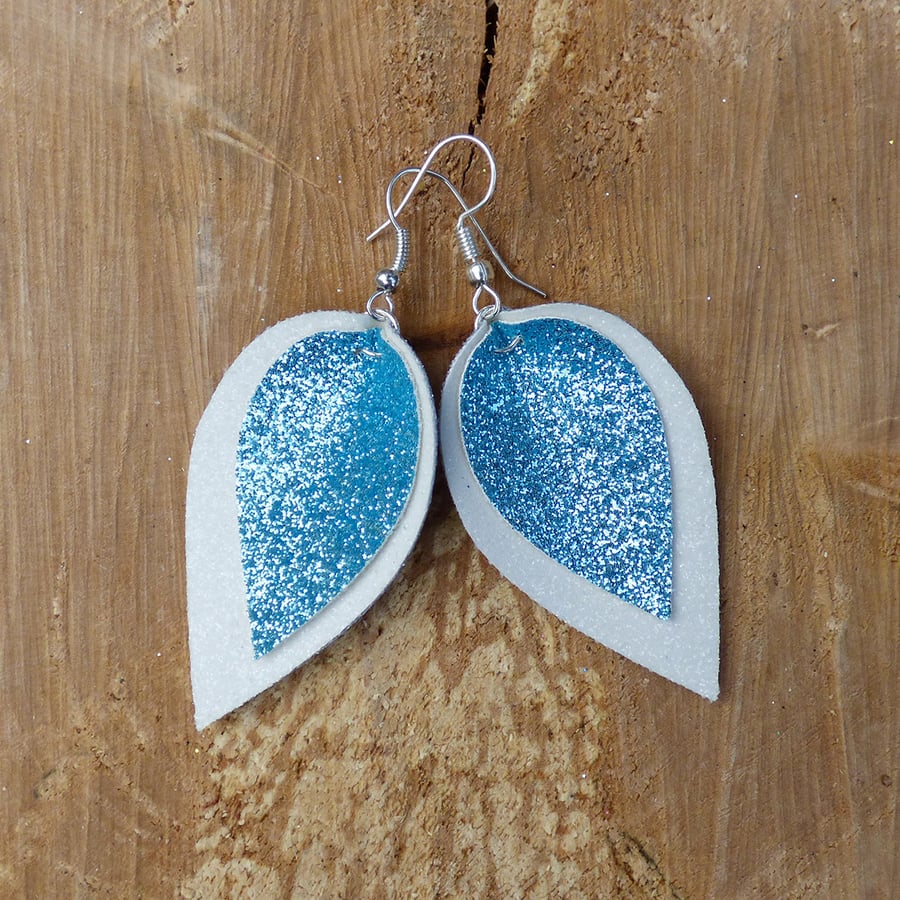White & Pale Blue Glitter Faux Leather Double Layer Pinched Leaf Earrings