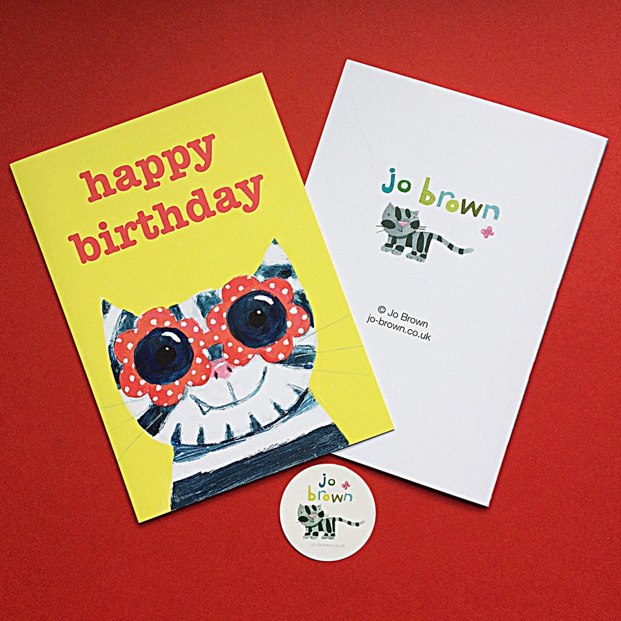 Cool Cat Birthday card by Jo Brown - a sunglasses wearing cat -happy yellow card