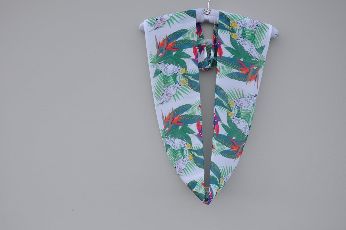 Handprinted chiffon scarf Cockatoos & Bird of Paradise