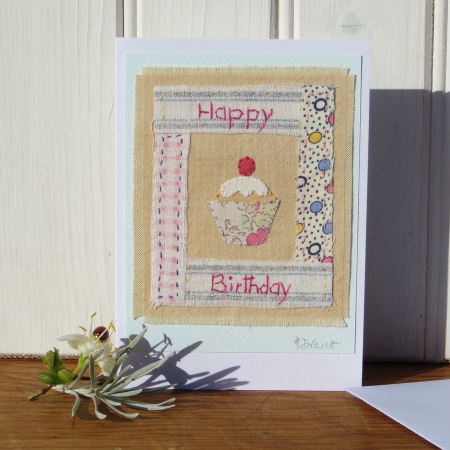 Pretty hand-stitched birthday card made with recycled fabrics