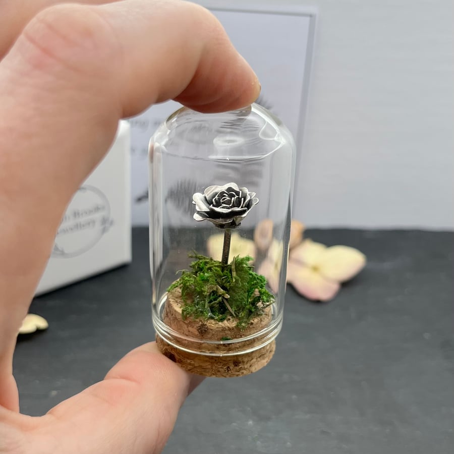 Handmade Sterling Silver Rose Miniature Bell Jar